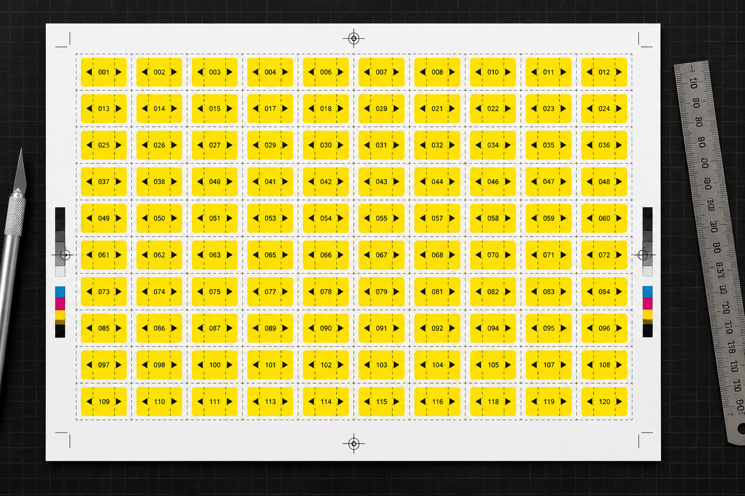 Printed cable-label layout sheet with numbered yellow labels