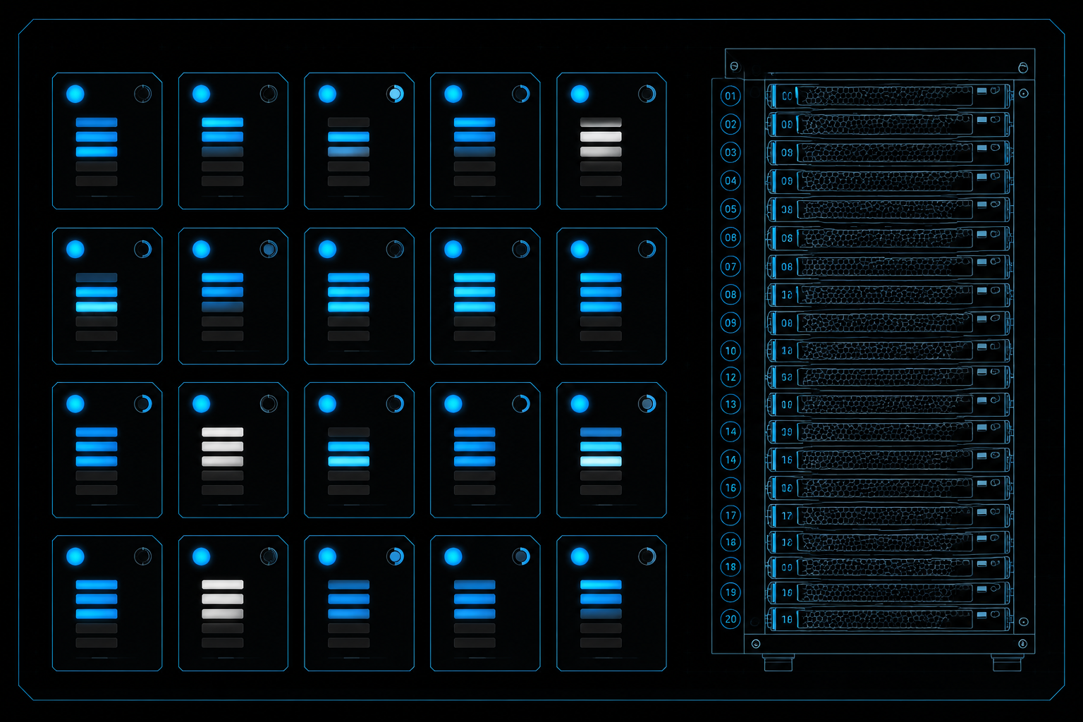 Status board read-out with blue indicator tiles and rack elevation diagram